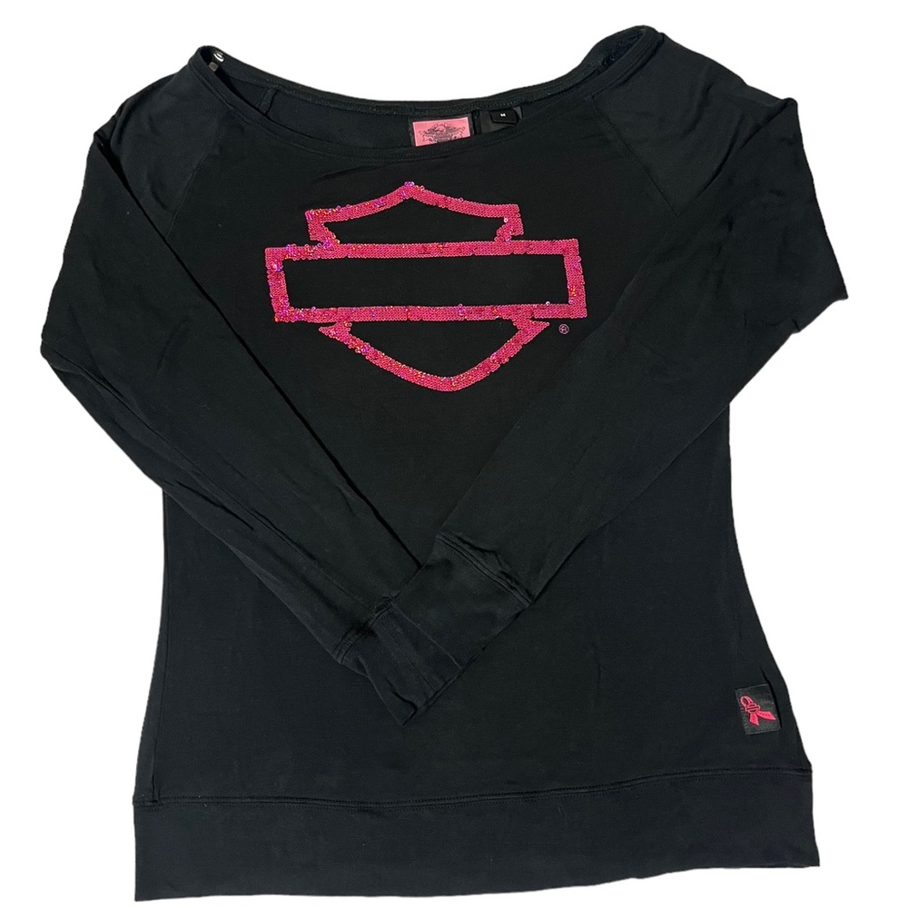 Harley-Davidson breast cancer Sequin Long Sleeve Shirt Pink Black Women’s medium